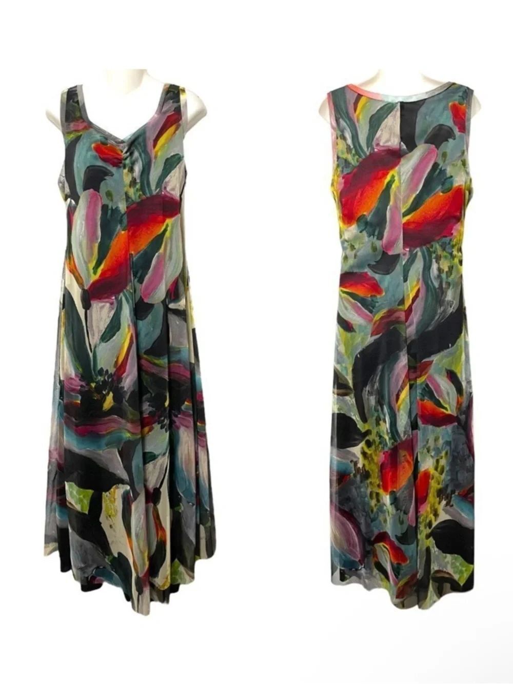 ELANA KATTAN Watercolor V-Neckline Fit N Flare Mesh Midi Dress L